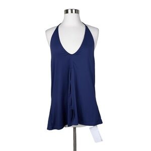 Fabletics Chiara Tank Navy Blue Halter Peakaboo Front Detail Cowl Back Size XL